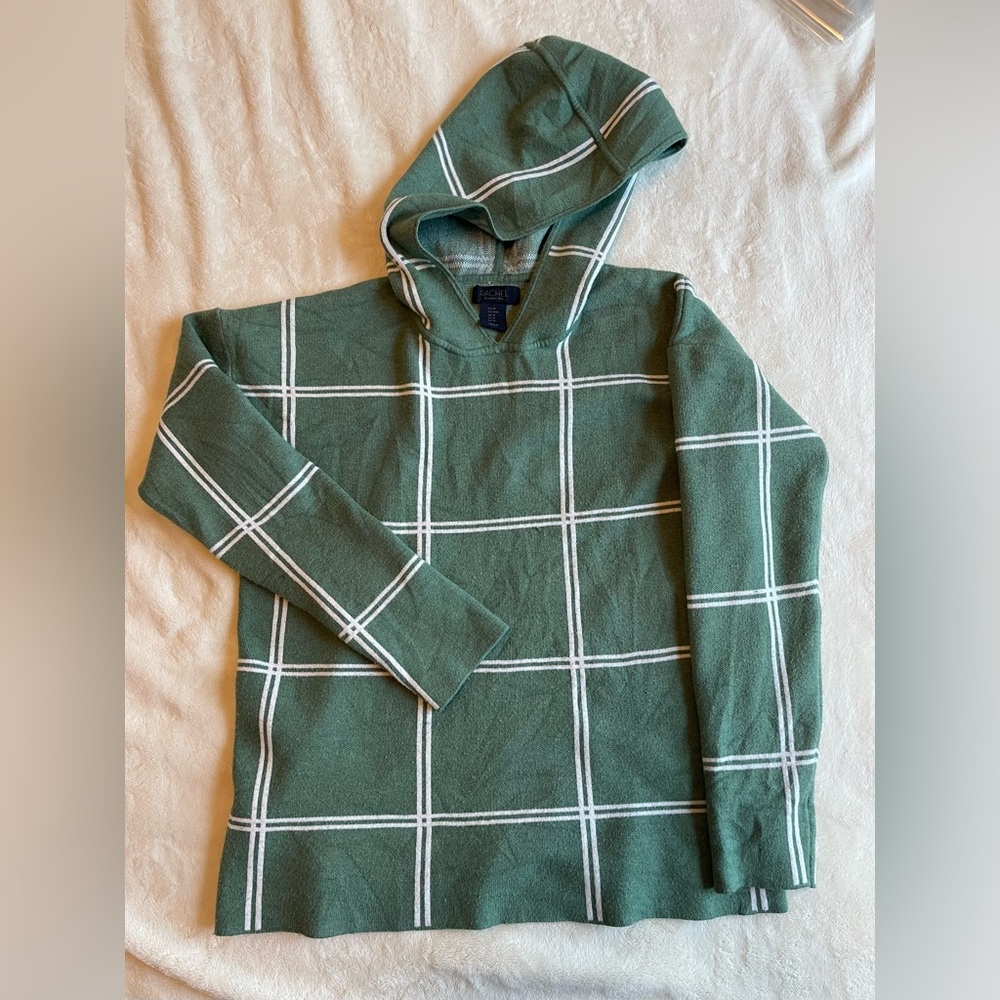 RACHEL Rachel Roy Sage Green Windowpane Plaid Hooded Knit Sweater M